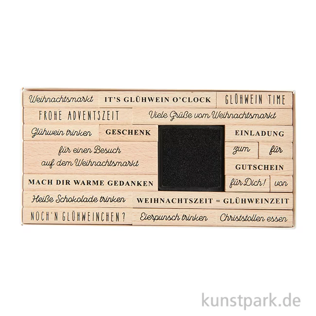 Artikelbild 1 des Artikels “Stempelset - Weihnachtsmarkt Texte, 20 Holzstempel + Stempelkissen “