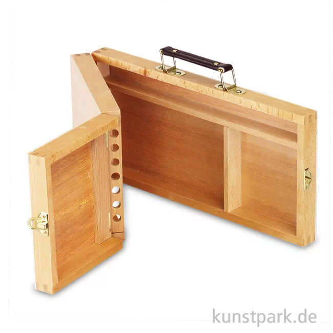 Artikelbild 1 des Artikels “Utensilienkoffer aus hellem Holz, klappbar mit Pinselfächern “