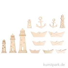 Artikelbild 1 des Artikels “Holz Boote + Leuchtturm, Natur, 1,5-9 cm, 14 Stück “