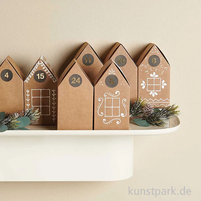 Artikelbild 2 des Artikels “Adventskalender Papphäuser, Kraftpapier, 15 x 7,5 x 7,5 cm, 24 Stück “