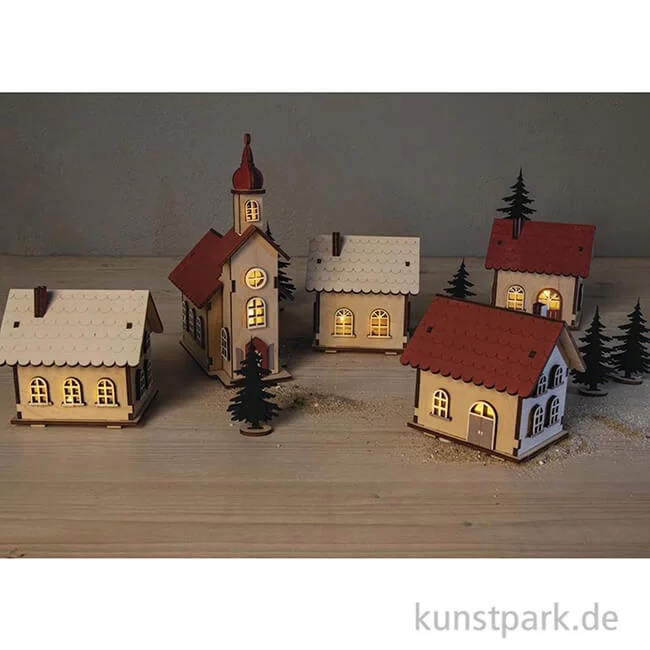 Artikelbild 2 des Artikels “Holzbausatz Lichterdorf, Natur, 7-19 cm, 84-teilig + LED Lichterketten “