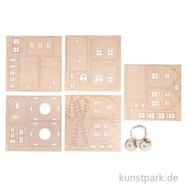 Artikelbild 2 des Artikels “Holzbausatz Lichterhäuser, Natur, 7-10 cm, 48-tlg + LED Lichterketten “