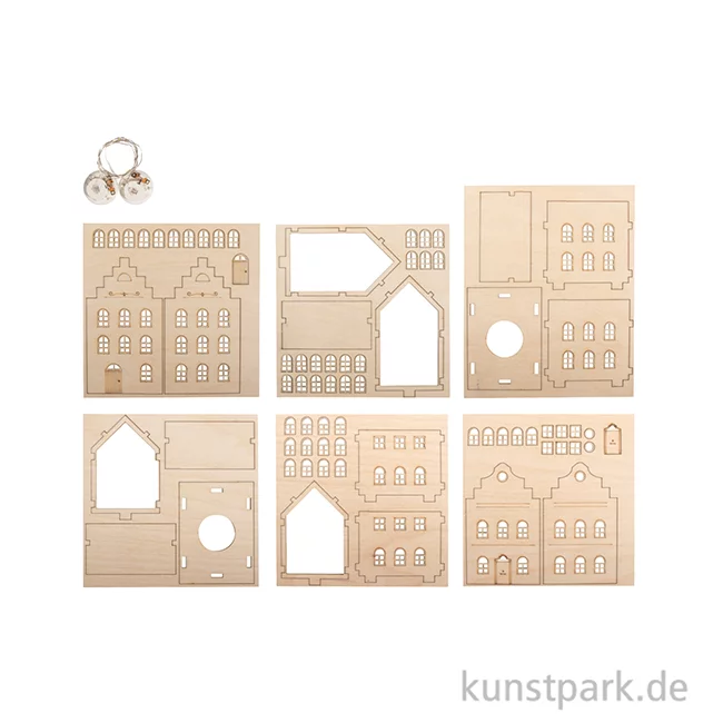 Artikelbild 2 des Artikels “Holzbausatz Nordic Häuser, Natur, 11,2-12,3 cm, 73-tlg + Lichterketten “