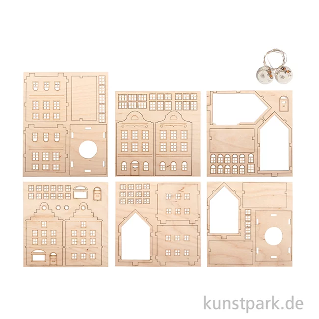 Artikelbild 2 des Artikels “Holzbausatz Nordic Häuser, Natur, 11,8-12 cm, 85-tlg + Lichterketten “