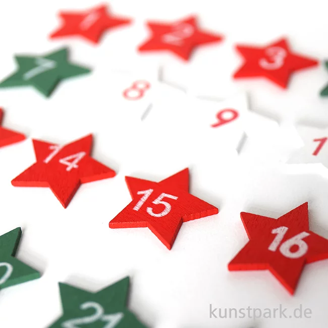Artikelbild 2 des Artikels “Holzsterne mit Adventszahlen, Rot / Grün / Weiß, 28 mm, 24 Stück “