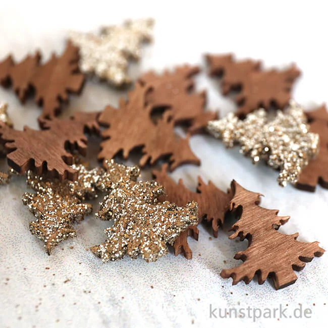 Artikelbild 2 des Artikels “Holzstreuteile, Bäume Braun / Gold Glitzer, 2 cm, 18 Stück “