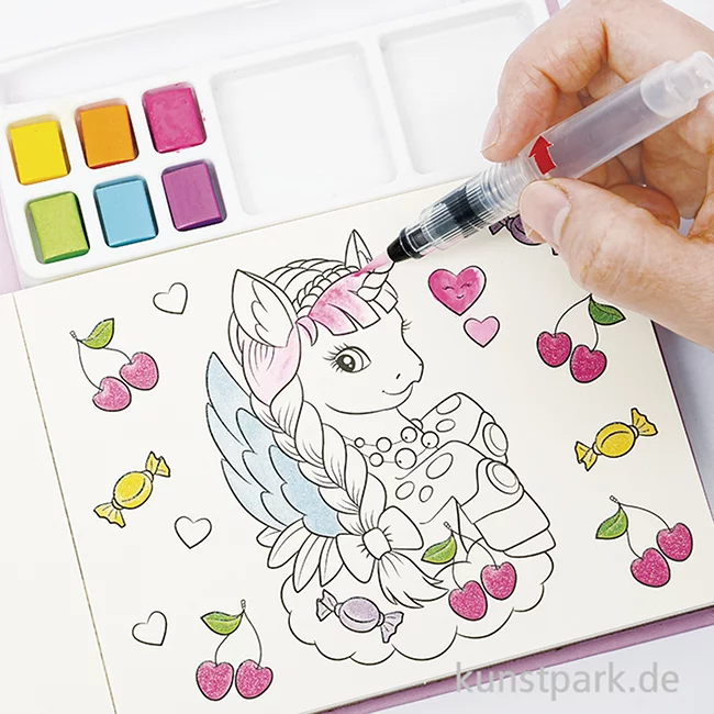 Artikelbild 2 des Artikels “Kinder Malblock mit Wasserfarben, 15,8 x 18,7 cm, 29 Motive, Einhorn “