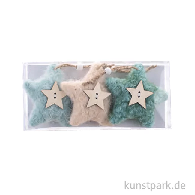 Artikelbild 2 des Artikels “Plüschsterne mit Hänger, Mint Natur Petrol, 3 Stück, 7,5 x 7,5 x 2 cm “