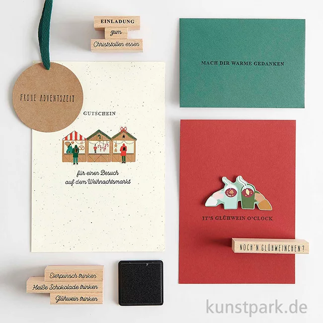 Artikelbild 2 des Artikels “Stempelset - Weihnachtsmarkt Texte, 20 Holzstempel + Stempelkissen “