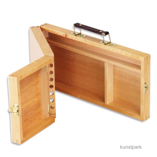 Artikelbild 2 des Artikels “Utensilienkoffer aus hellem Holz, klappbar mit Pinselfächern “