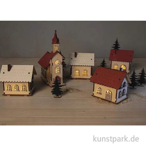 Artikelbild 2 des Artikels “Holzbausatz Lichterdorf, Natur, 7-19 cm, 84-teilig + LED Lichterketten “
