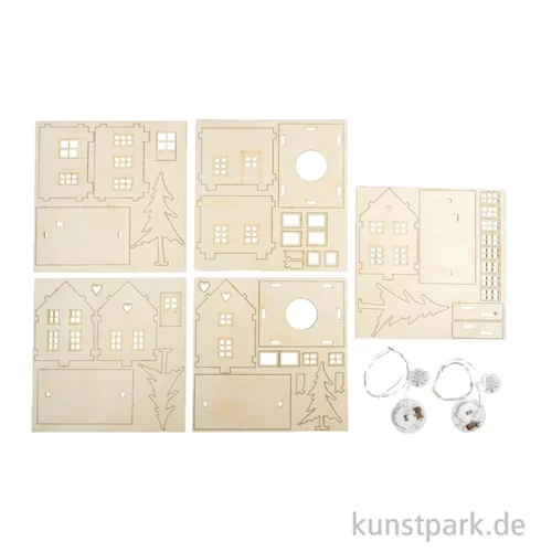 Artikelbild 2 des Artikels “Holzbausatz Lichterhäuser mit LED Lichterkette, 7-10 cm, 46-teilig “