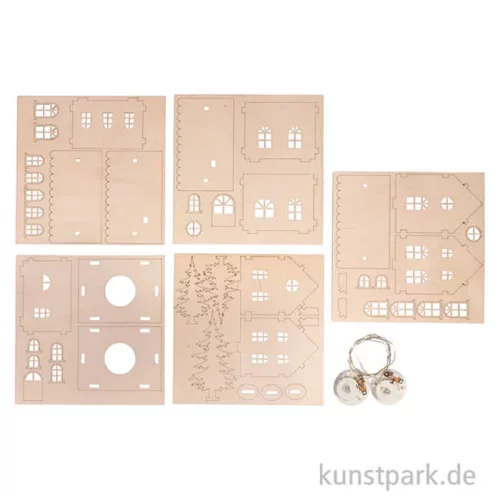 Artikelbild 2 des Artikels “Holzbausatz Lichterhäuser, Natur, 7-10 cm, 48-tlg + LED Lichterketten “
