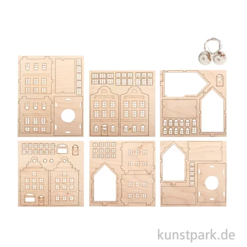 Artikelbild 2 des Artikels “Holzbausatz Nordic Häuser, Natur, 11,8-12 cm, 85-tlg + Lichterketten “
