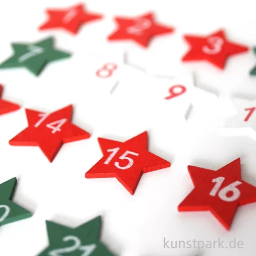 Artikelbild 2 des Artikels “Holzsterne mit Adventszahlen, Rot / Grün / Weiß, 28 mm, 24 Stück “