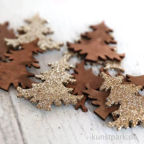 Artikelbild 2 des Artikels “Holzstreuteile, Bäume Braun / Gold Glitzer, 4 cm, 9 Stück “