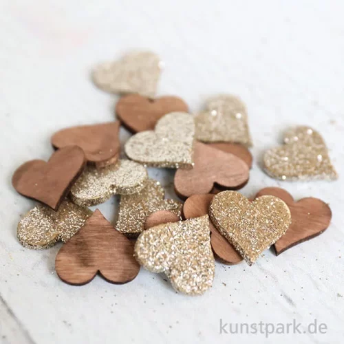 Artikelbild 2 des Artikels “Holzstreuteile, Herzen Braun / Gold Glitzer, 2 cm, 18 Stück “
