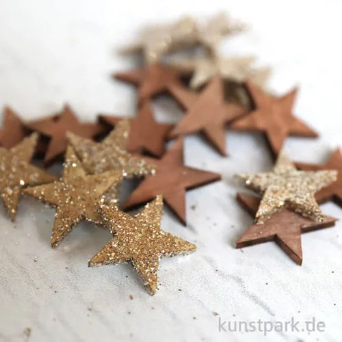 Artikelbild 2 des Artikels “Holzstreuteile, Sterne Braun / Gold Glitzer, 2 cm, 18 Stück “