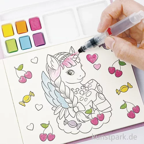 Artikelbild 2 des Artikels “Kinder Malblock mit Wasserfarben, 15,8 x 18,7 cm, 29 Motive, Einhorn “