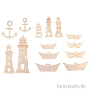 Artikelbild des Artikels “Furnierholz Boote + Leuchtturm, Natur, 1,5-9 cm, Stärke 1 mm, 14 Stück “