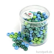 Artikelbild des Artikels “Glas-Großlochradl Grün-Blau Mix, opak, 55 g Dose | 5,4 mm“