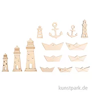 Artikelbild des Artikels “Holz Boote + Leuchtturm, Natur, 1,5-9 cm, 14 Stück “