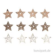 Artikelbild des Artikels “Holz-Streuteile Sterne mit Glitzer und Klebepunkt, 3,5cm, 12 Stück “