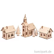Artikelbild des Artikels “Holzbausatz Lichterdorf, Natur, 7-19 cm, 84-teilig + LED Lichterketten “