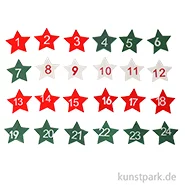 Artikelbild des Artikels “Holzsterne mit Adventszahlen, Rot / Grün / Weiß, 28 mm, 24 Stück “
