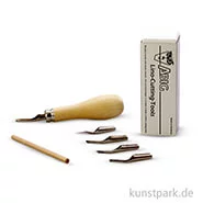 Artikelbild des Artikels “Linolschnitzwerkzeug, 5 Messer und Holzgriff im Kästchen “
