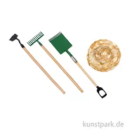 Artikelbild des Artikels “Miniatur Deko Set, Gartengeräte + Strohhut, 4-teilig, 4-9,8 cm “