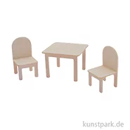 Artikelbild des Artikels “Miniatur Holzbausatz - Esszimmer Set, Tisch + 2 Stühle, 9 x 8 cm “
