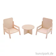 Artikelbild des Artikels “Miniatur Holzbausatz - Wohnzimmer Set, Tisch + 2 Sessel, 9 x 8 cm “