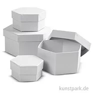 Artikelbild des Artikels “Pappschachtel-Set - sechseckig, weißer Karton, handgearbeitet, 4 Stück “