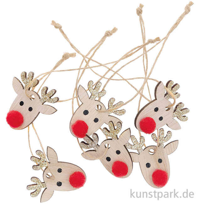 Artikelbild 1 des Artikels “Rentier-Anhänger aus Holz mit Gold-Glitter, 6 Stück “