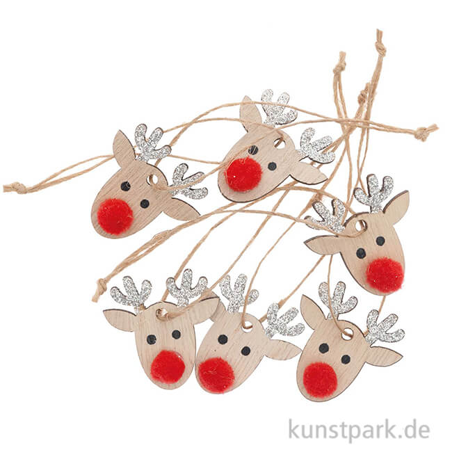 Artikelbild 1 des Artikels “Rentier-Anhänger aus Holz mit Silber-Glitter, 6 Stück “
