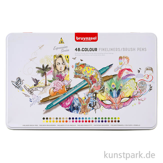 Artikelbild 1 des Artikels “Bruynzeel Fineliner Brush Pen Set mit 48 Stiften im Metalletui “