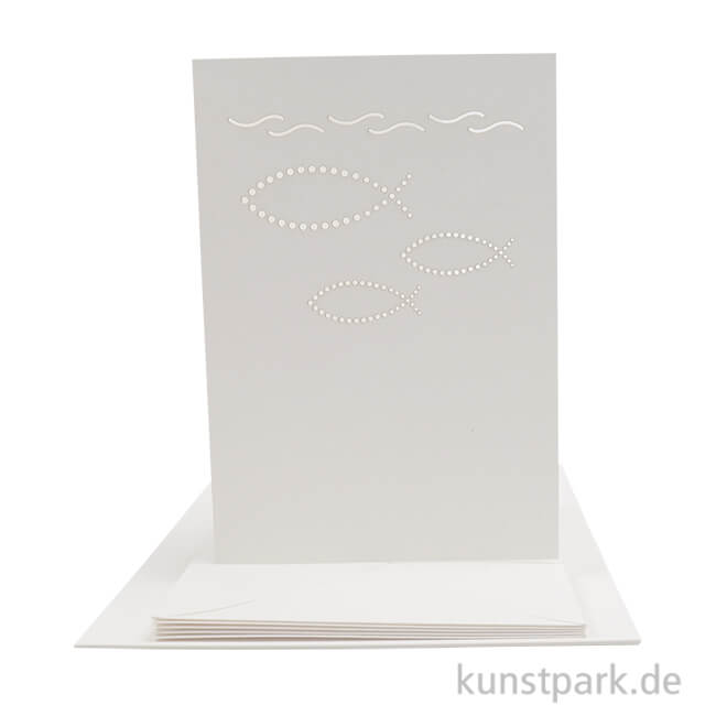 Artikelbild 1 des Artikels “Doppelkarten + Kuverts, 5er Set, Gelasert, Christliche Fische, Weiß “