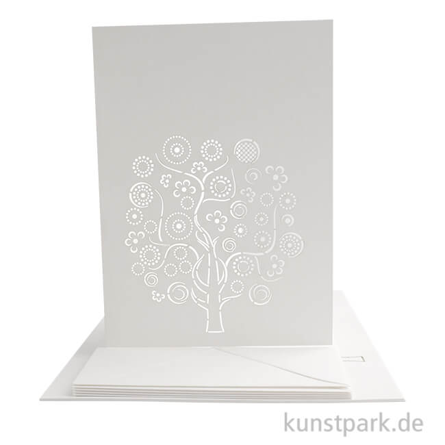 Artikelbild 1 des Artikels “Doppelkarten + Kuverts, 5er Set, Gelasert, Lebensbaum, Weiß “