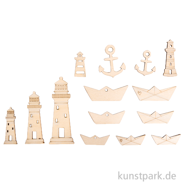 Artikelbild 1 des Artikels “Holz Boote + Leuchtturm, Natur, 1,5-9 cm, 14 Stück “