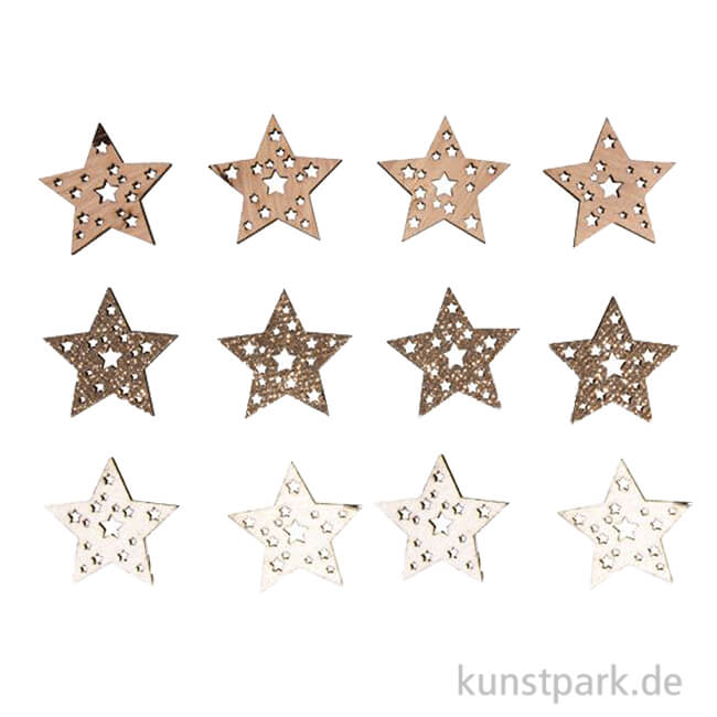 Artikelbild 1 des Artikels “Holz-Streuteile Sterne mit Glitzer und Klebepunkt, 3,5cm, 12 Stück “