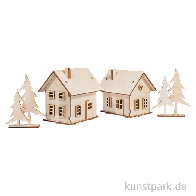 Artikelbild 1 des Artikels “Holzbausatz Lichterhäuser mit LED Lichterkette, 7-10 cm, 46-teilig “