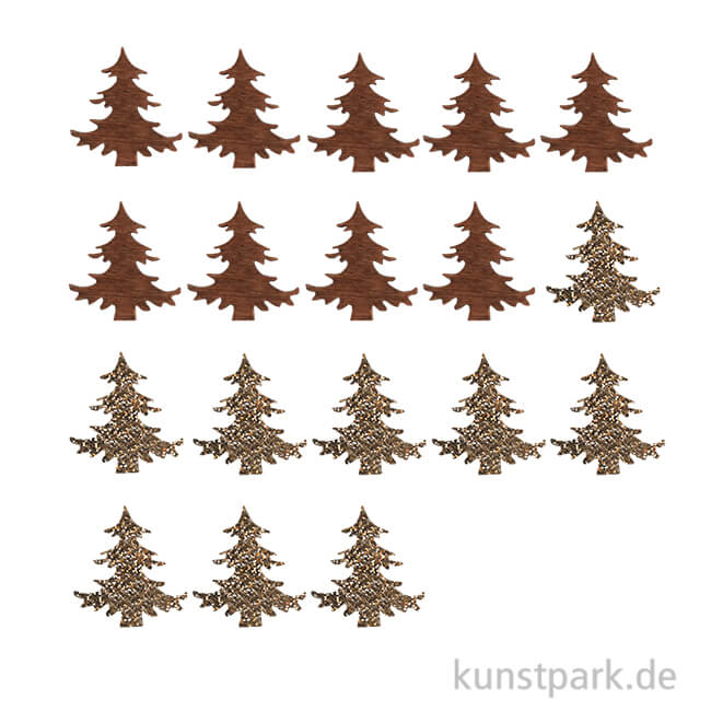 Artikelbild 1 des Artikels “Holzstreuteile, Bäume Braun / Gold Glitzer, 2 cm, 18 Stück “