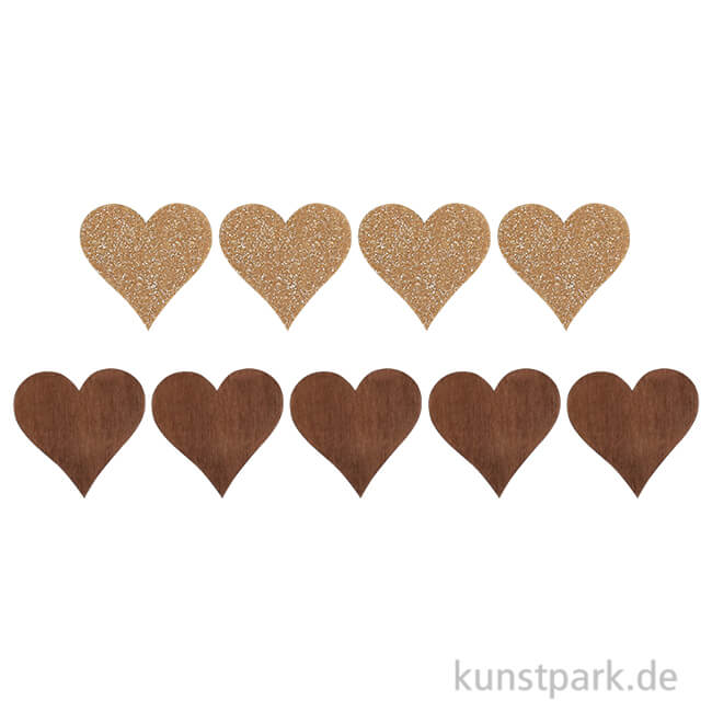 Artikelbild 1 des Artikels “Holzstreuteile, Herzen Braun / Gold Glitzer, 4 cm, 9 Stück “