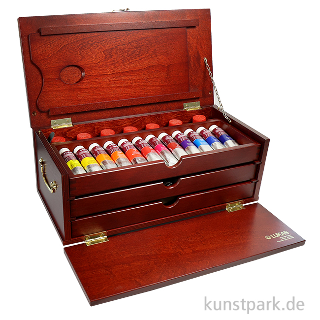 Artikelbild 1 des Artikels “Lukas 1862 Ölfarbe Mahagoni-Truhe 3 Schubladen 27 Tuben 37 ml, Zubehör “