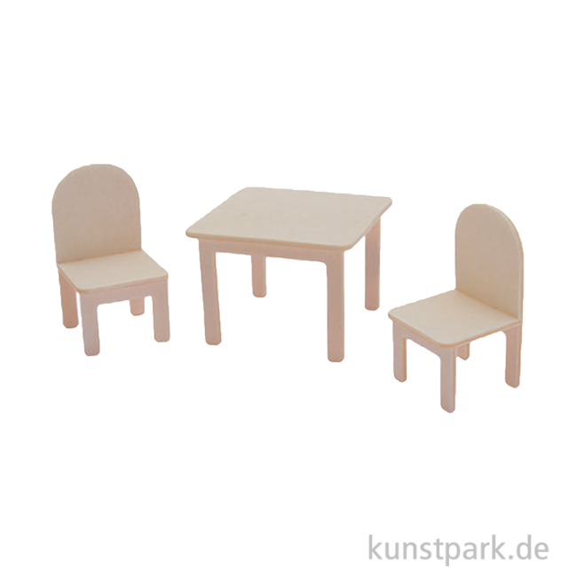 Artikelbild 1 des Artikels “Miniatur Holzbausatz - Esszimmer Set, Tisch + 2 Stühle, 9 x 8 cm “