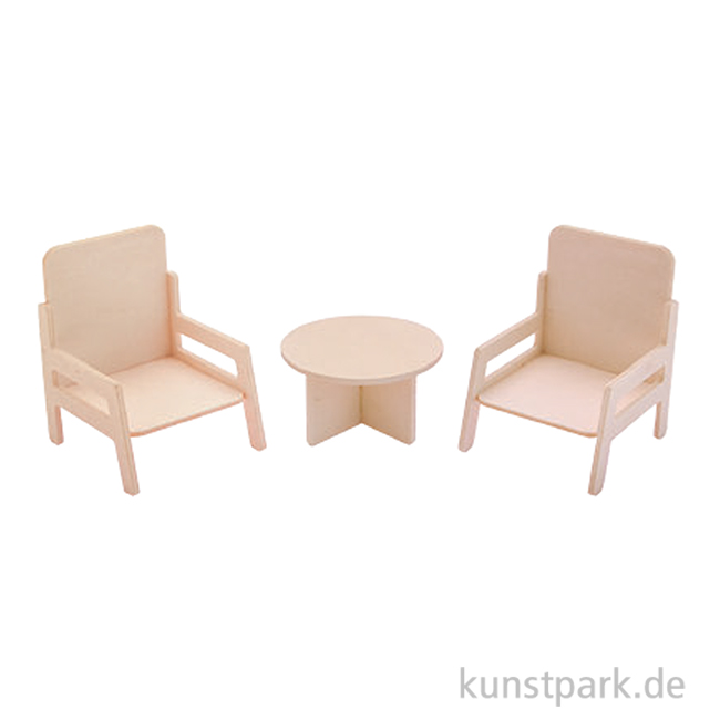 Artikelbild 1 des Artikels “Miniatur Holzbausatz - Wohnzimmer Set, Tisch + 2 Sessel, 9 x 8 cm “