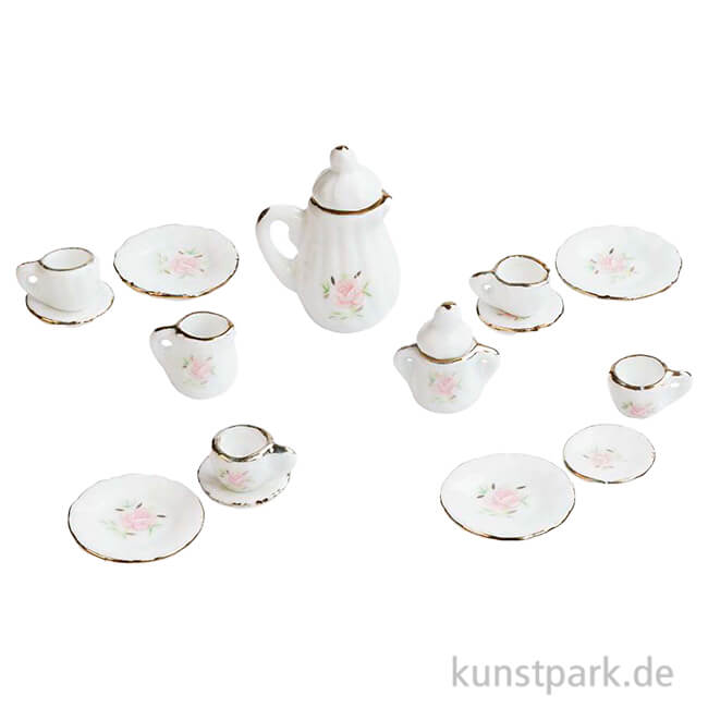 Artikelbild 1 des Artikels “Miniatur Kaffeeservice, Weiß-Rosa mit Goldrand, 1-3,5 cm, 15-teilig “