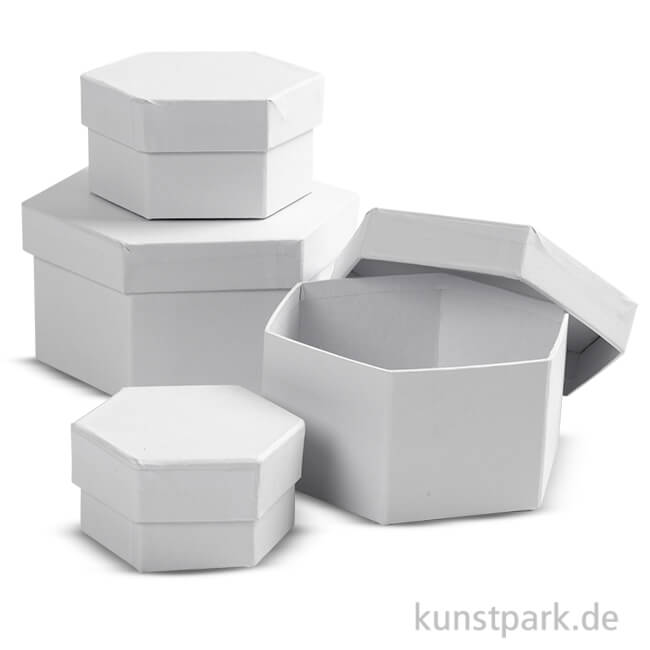 Artikelbild 1 des Artikels “Pappschachtel-Set - sechseckig, weißer Karton, handgearbeitet, 4 Stück “