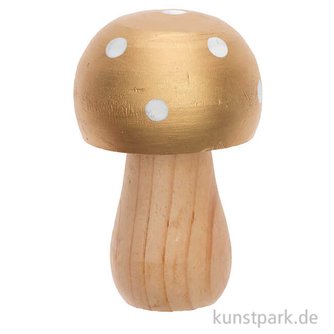 Artikelbild 1 des Artikels “Holzpilz mit goldenem Hut und weißen Punkten, Größe 6x9 cm “